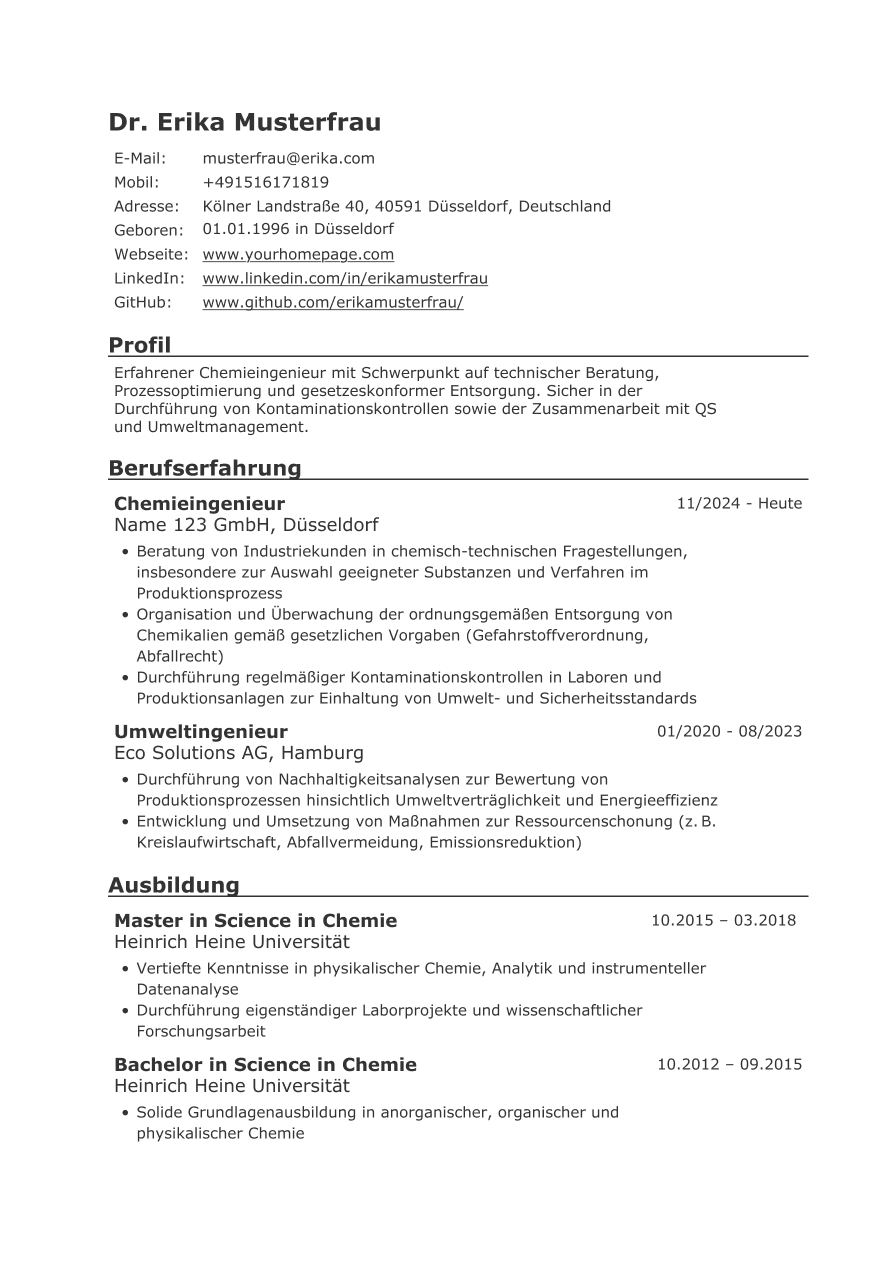 Beispiel-Lebenslauf mit ATS-kompatiblem, einspaltigem Design ohne Foto