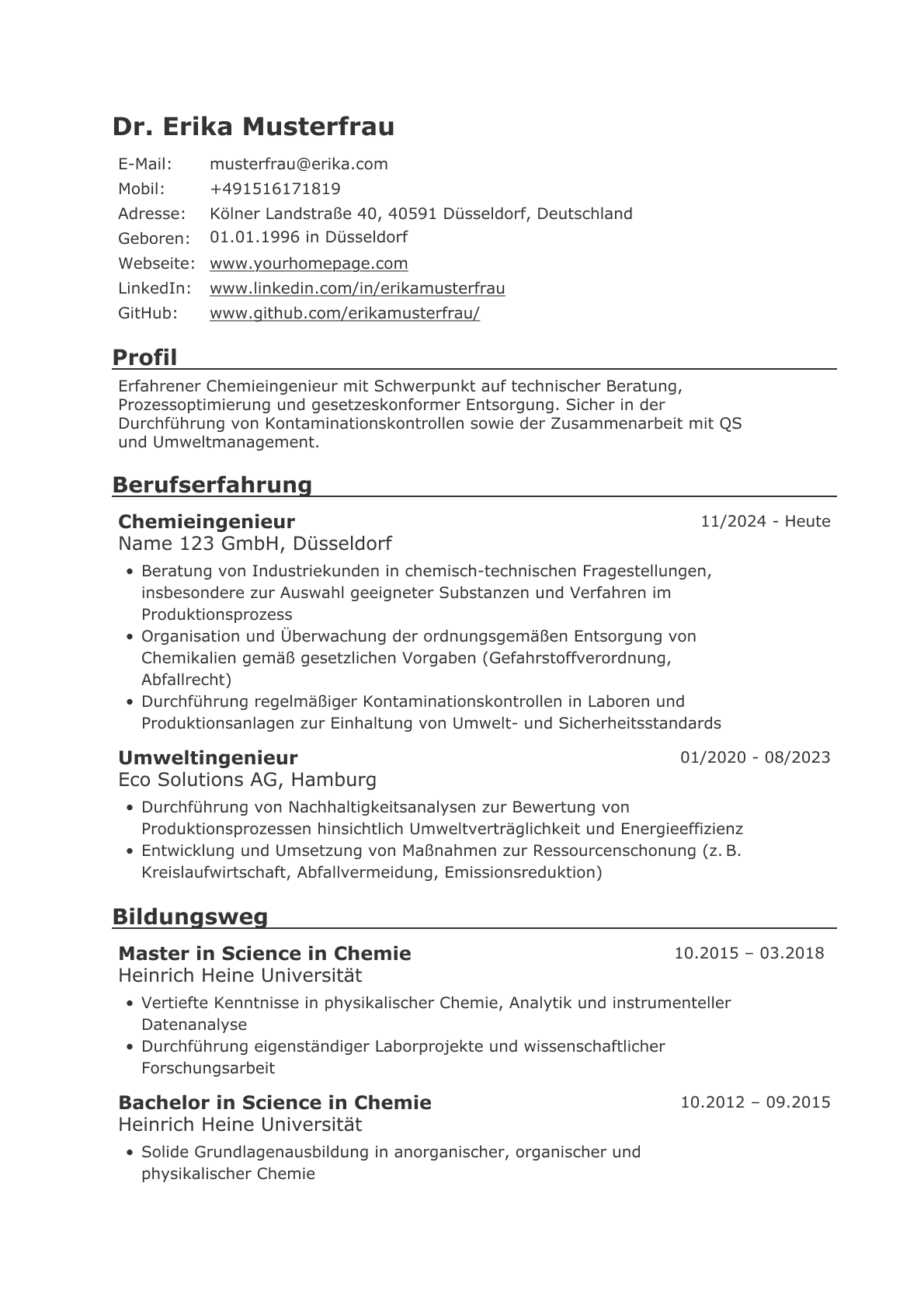 Beispiel-Lebenslauf mit ATS-kompatiblem, einspaltigem Design ohne Foto