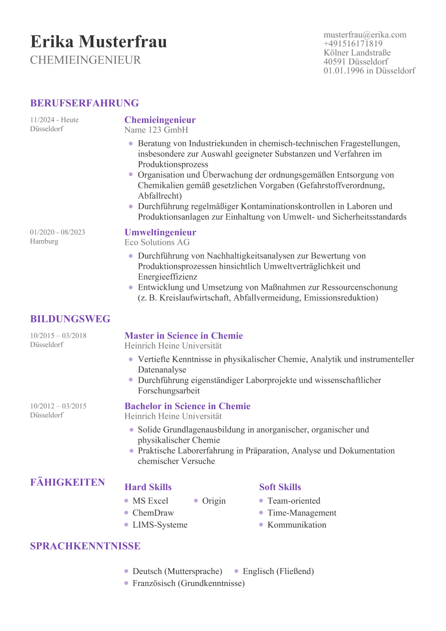 Beispiel-Lebenslauf mit minimalistischem, einspaltigem Design ohne Foto und mit farbigen Überschriften