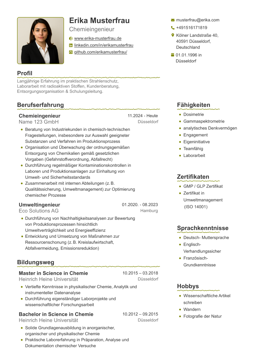 Beispiel-Lebenslauf mit modernem, zweispaltigen Design, bei dem Überschriften durch wellige Unterstreichungen hervorgehoben sind