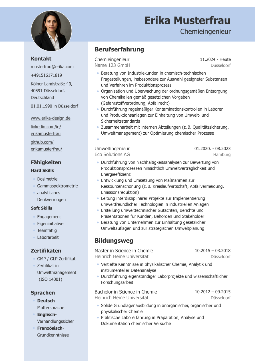 Beispiel-Lebenslauf mit modernem, zweispaltigem Design, bei dem die linke Spalte farblich abgesetzt ist