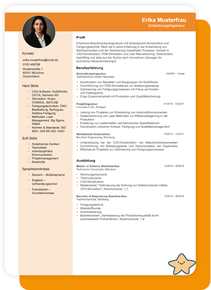 Ein professioneller Lebenslauf für Ingenieure sollte klar strukturiert sein und die wichtigsten Informationen sofort erkennbar machen. Diese Abschnitte gehören unbedingt hinein: