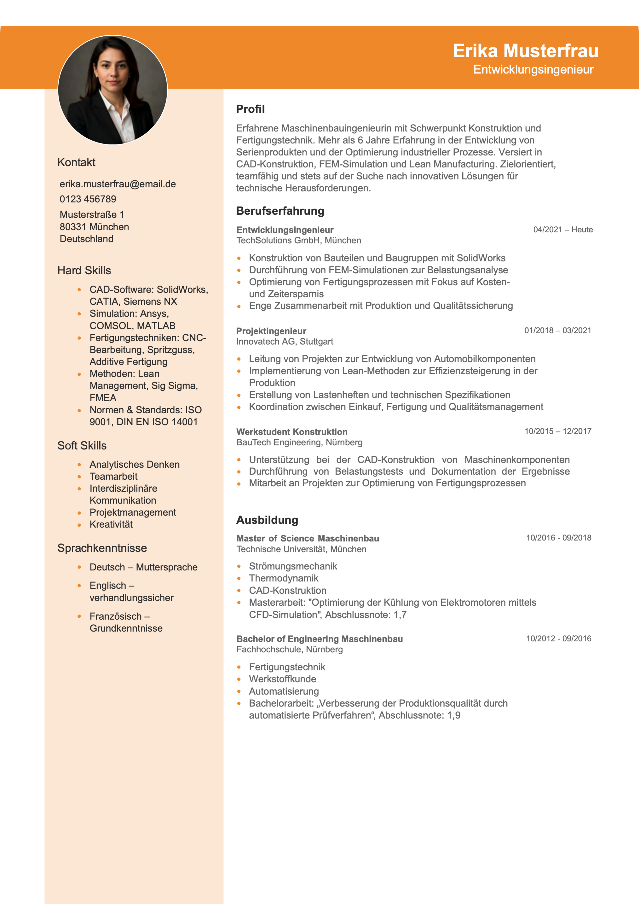 Engineer CV Template Beispiel-Lebenslauf mit modernem, zweispaltigem Design, bei dem die linke Spalte farblich abgesetzt ist