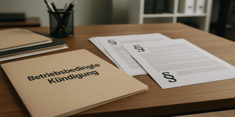 Betriebsbedingte Kündigung mit Arbeitsrecht Paragraphen auf dem Schreibtisch der Personalabteilung
