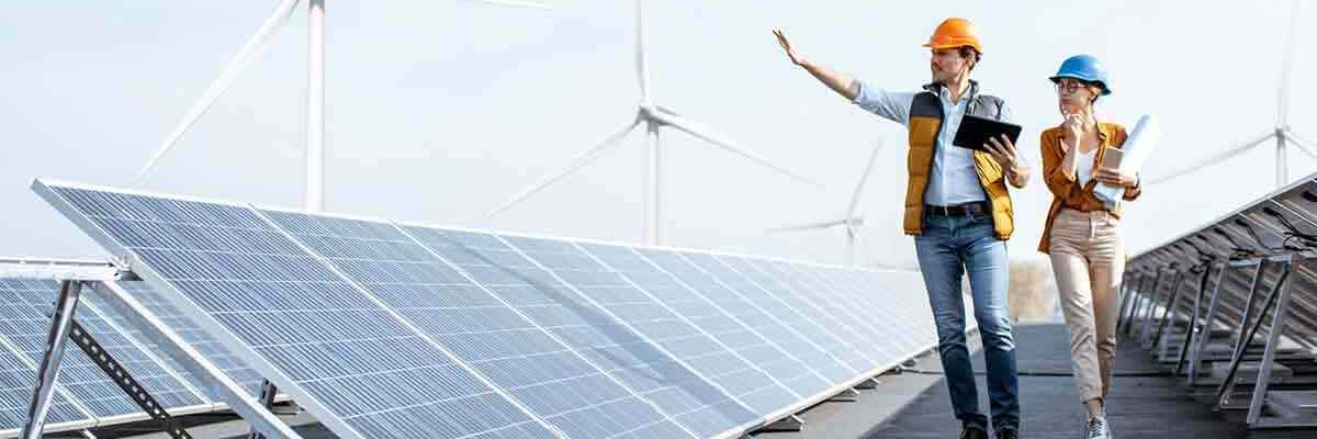 Team von Ingenieuren inspiziert die Ausrüstung in einer großen Solaranlage.