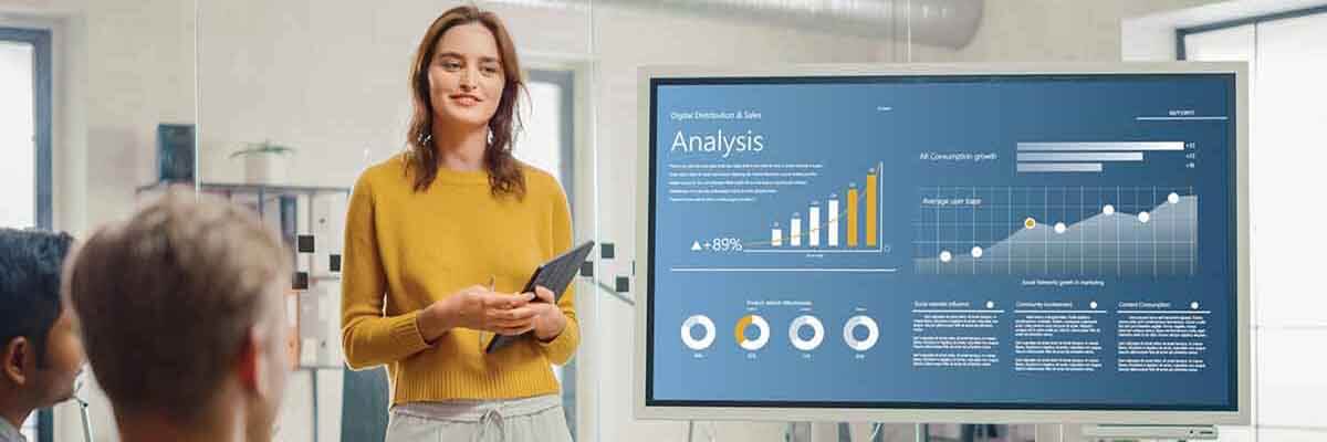 Analystin hält eine Präsentation vor einem Team von Ökonomen in einem Konferenzraum.