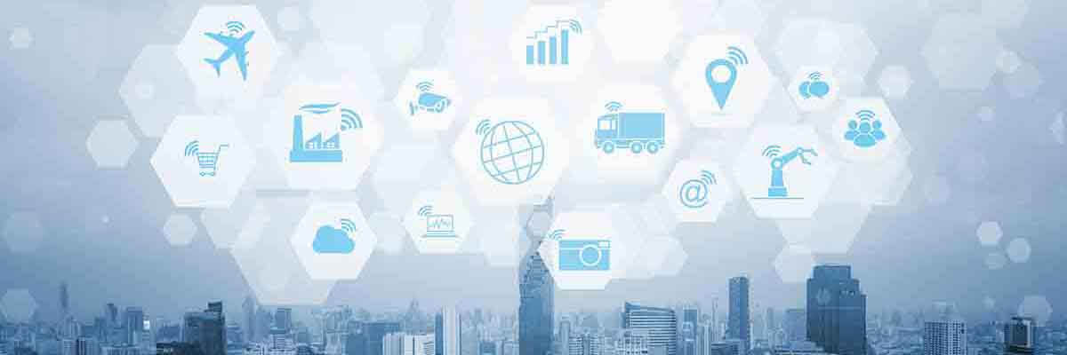 Technische Darstellung des Internet der Dinge, symbolisiert durch vernetzte Geräte und digitale Schnittstellen.